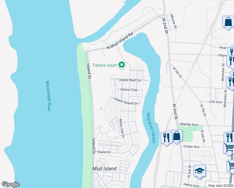 map of restaurants, bars, coffee shops, grocery stores, and more near 1325 Island Shore Drive in Memphis