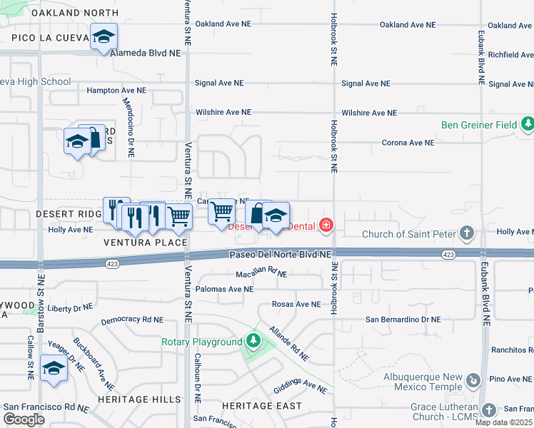 map of restaurants, bars, coffee shops, grocery stores, and more near 8208 Copper Leaf Tr Northeast in Albuquerque