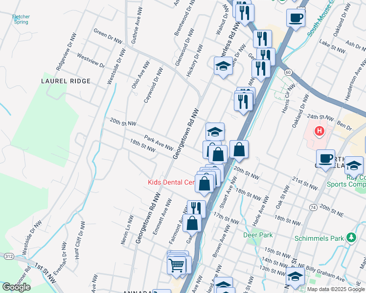 map of restaurants, bars, coffee shops, grocery stores, and more near 1102 Park Avenue Northwest in Cleveland