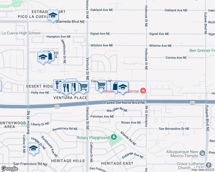 map of restaurants, bars, coffee shops, grocery stores, and more near 9200 Apache Pine Way Northeast in Albuquerque