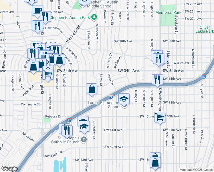 map of restaurants, bars, coffee shops, grocery stores, and more near 1607 Southwest 35th Avenue in Amarillo