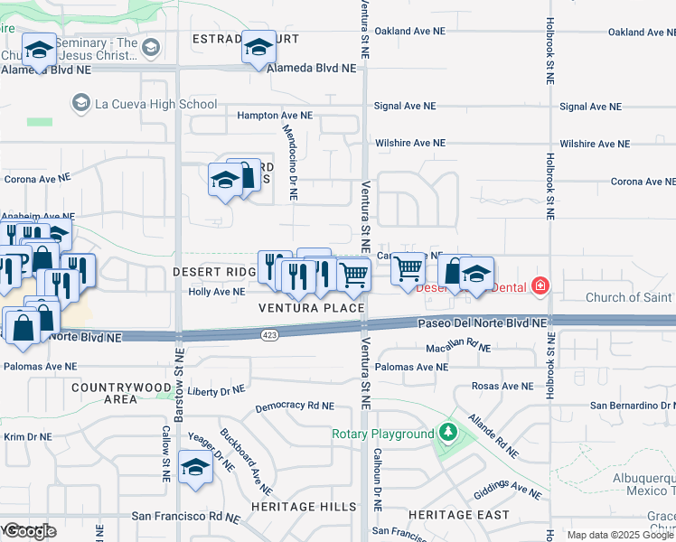 map of restaurants, bars, coffee shops, grocery stores, and more near 8912 Desert Fox Way Northeast in Albuquerque