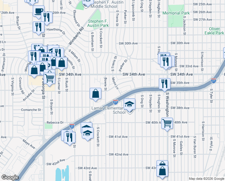 map of restaurants, bars, coffee shops, grocery stores, and more near 3512 Moss Lane in Amarillo