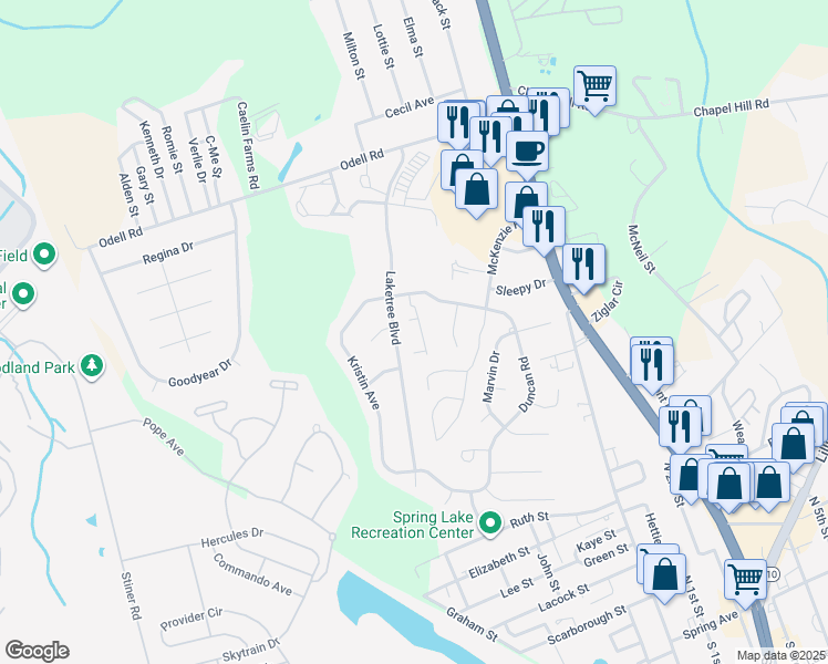 map of restaurants, bars, coffee shops, grocery stores, and more near 415 Tolbert Court in Spring Lake
