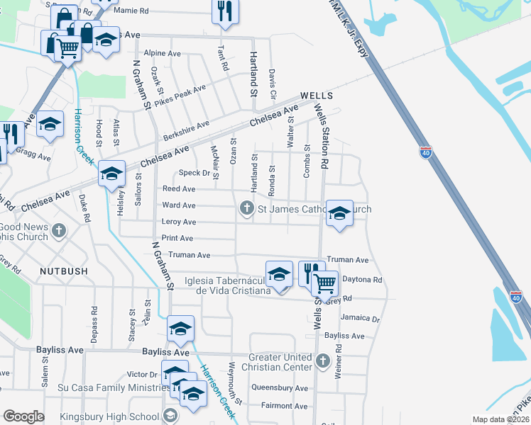 map of restaurants, bars, coffee shops, grocery stores, and more near 1634 Hartland Street in Memphis