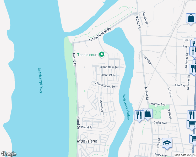 map of restaurants, bars, coffee shops, grocery stores, and more near 1325 Island Shore Drive in Memphis