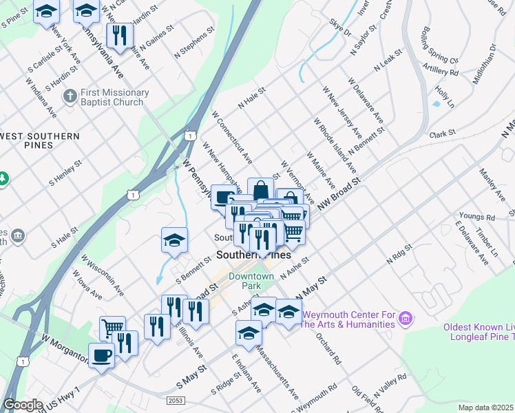 map of restaurants, bars, coffee shops, grocery stores, and more near 255 West New Hampshire Avenue in Southern Pines
