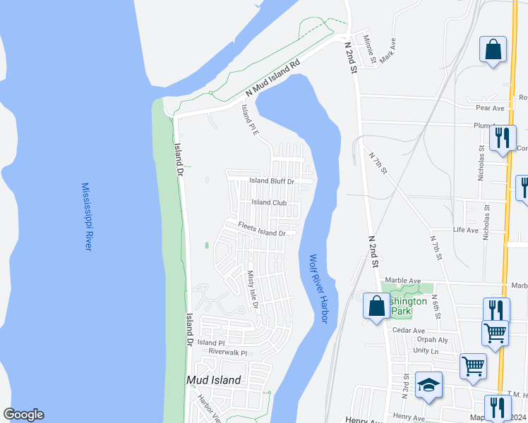 map of restaurants, bars, coffee shops, grocery stores, and more near 1331 Island Place East in Memphis