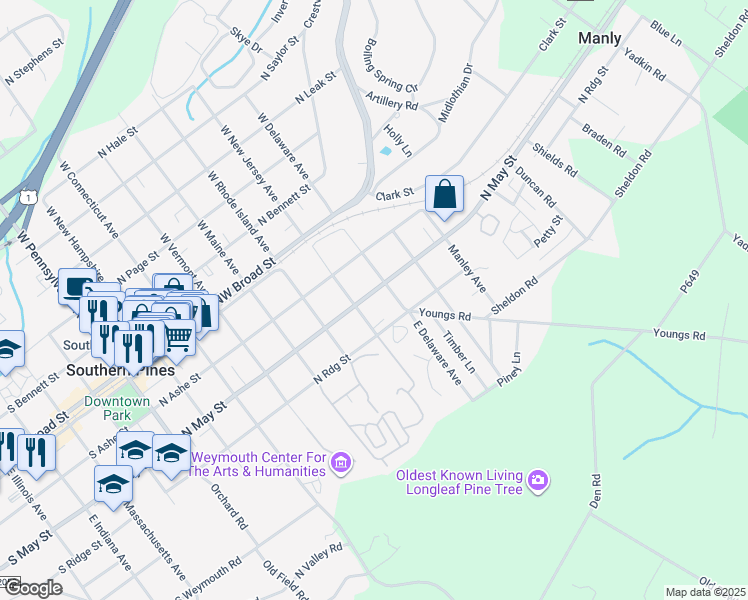 map of restaurants, bars, coffee shops, grocery stores, and more near 745 North May Street in Southern Pines