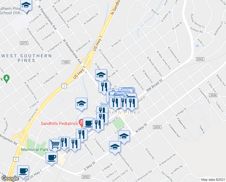 map of restaurants, bars, coffee shops, grocery stores, and more near 280 West New Hampshire Avenue in Southern Pines