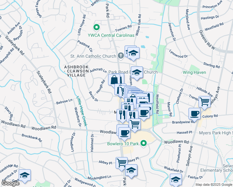 map of restaurants, bars, coffee shops, grocery stores, and more near 4000 State Road 3687 in Charlotte