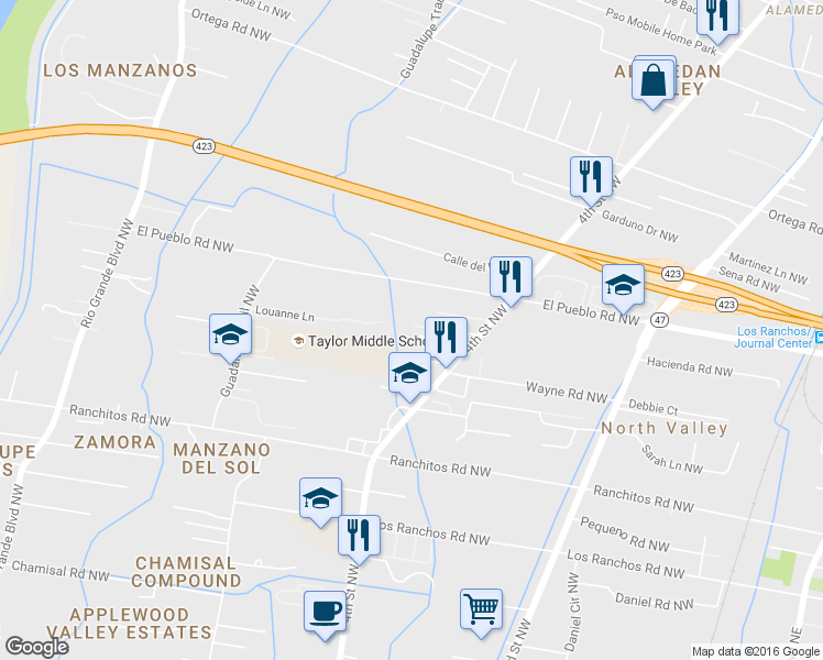 map of restaurants, bars, coffee shops, grocery stores, and more near 412 Ramsey Lane Northwest in Los Ranchos de Albuquerque