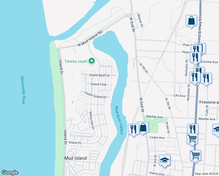 map of restaurants, bars, coffee shops, grocery stores, and more near 1331 Island Ridge Drive in Memphis