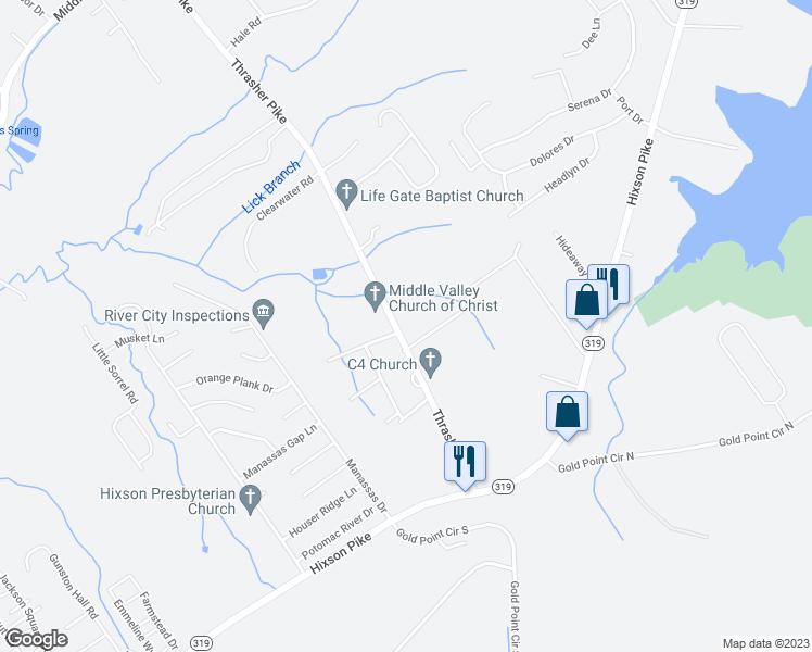 map of restaurants, bars, coffee shops, grocery stores, and more near 1843 Thrasher Pike in Middle Valley