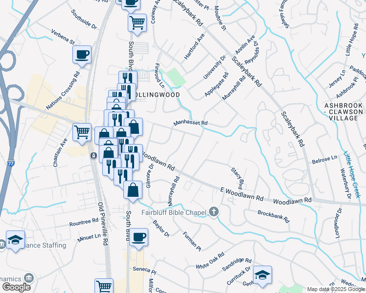 map of restaurants, bars, coffee shops, grocery stores, and more near 4623 General Pershing Drive in Charlotte