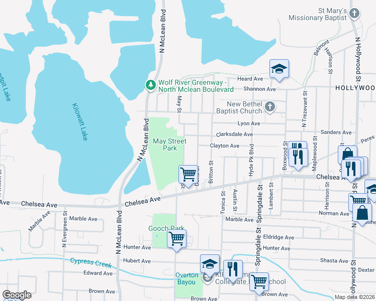 map of restaurants, bars, coffee shops, grocery stores, and more near 1464 May St in Memphis
