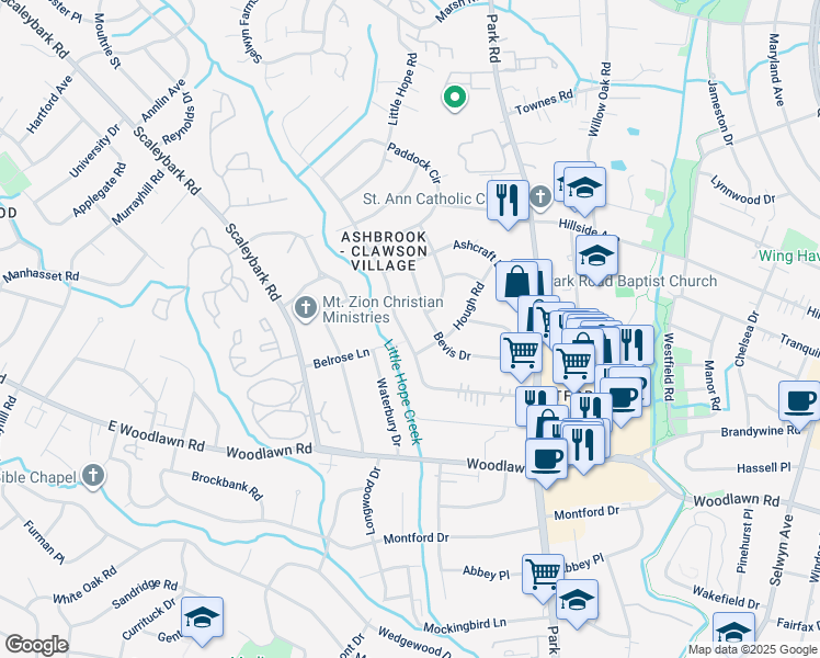 map of restaurants, bars, coffee shops, grocery stores, and more near 1119 Heather Lane in Charlotte