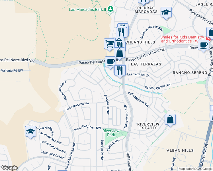 map of restaurants, bars, coffee shops, grocery stores, and more near 4504 Millwood Court Northwest in Albuquerque