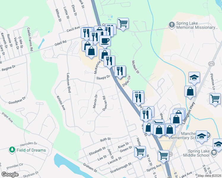 map of restaurants, bars, coffee shops, grocery stores, and more near 108 Alexander Lane in Spring Lake