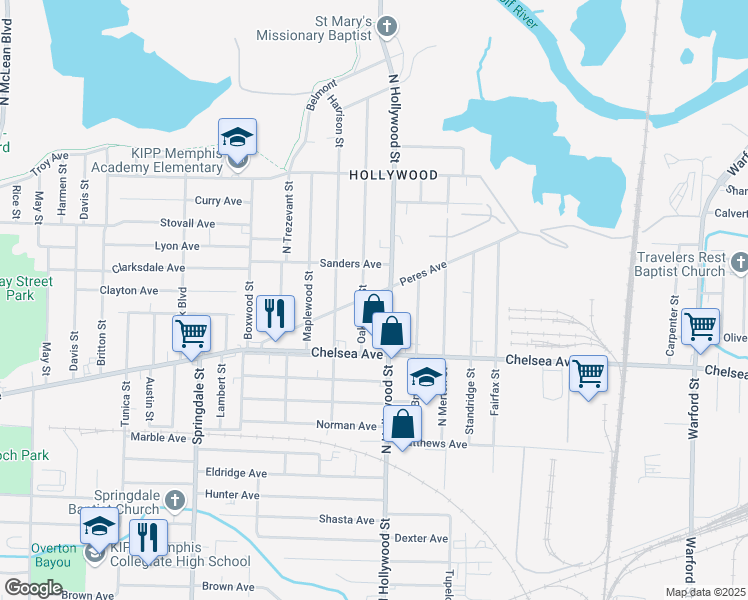map of restaurants, bars, coffee shops, grocery stores, and more near 2429 Peres Avenue in Memphis