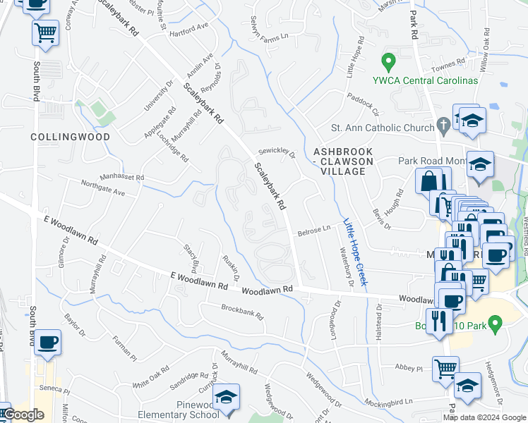 map of restaurants, bars, coffee shops, grocery stores, and more near 1010 Forest Oak Drive in Charlotte