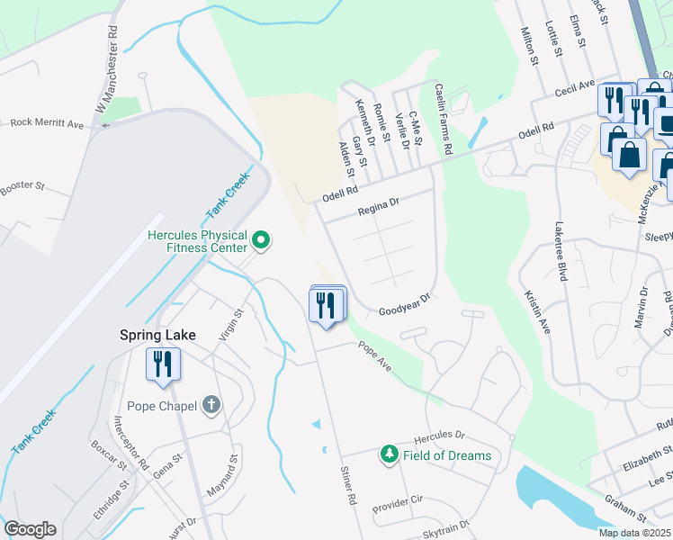 map of restaurants, bars, coffee shops, grocery stores, and more near 737 Goodyear Drive in Spring Lake