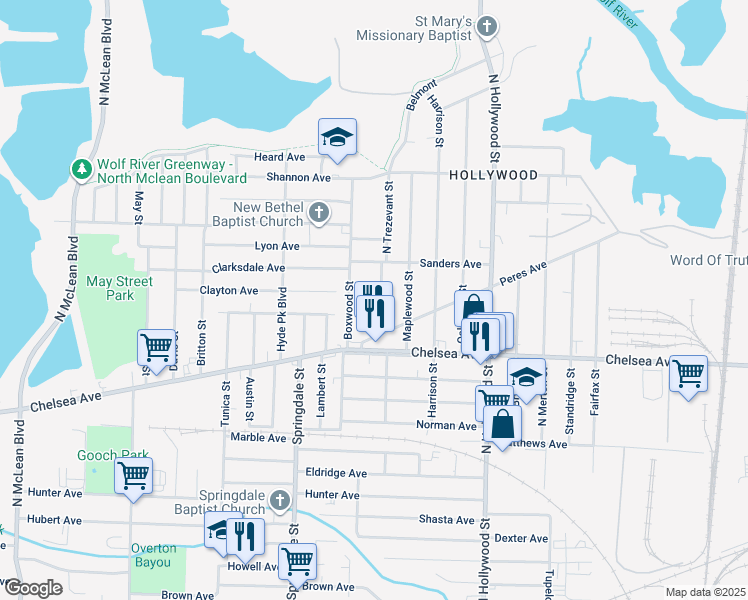 map of restaurants, bars, coffee shops, grocery stores, and more near 1475 North Trezevant Street in Memphis