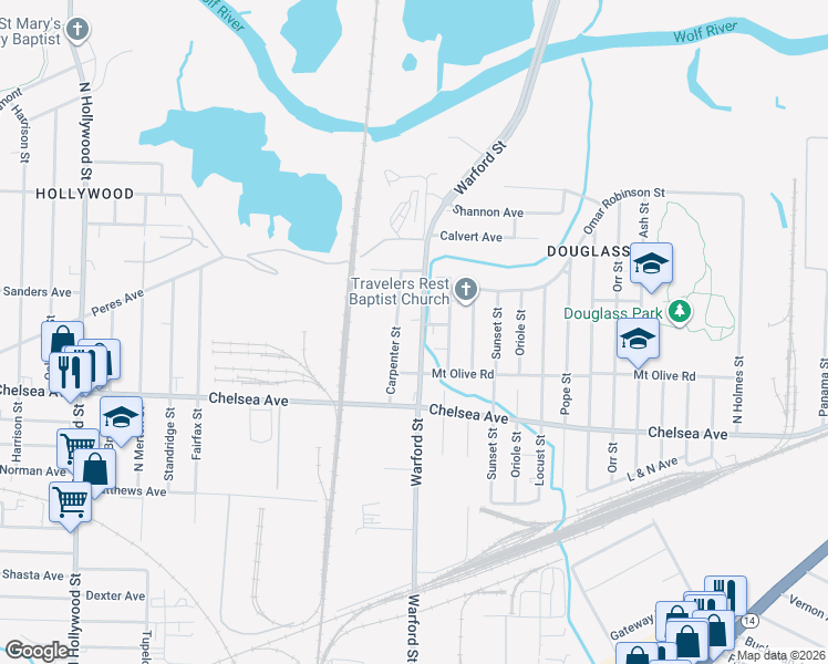 map of restaurants, bars, coffee shops, grocery stores, and more near 1611 Warford Street in Memphis