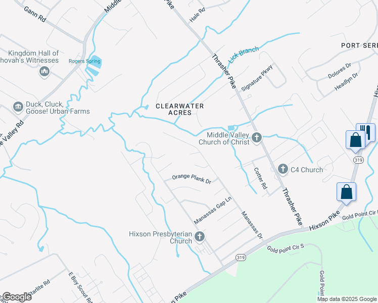 map of restaurants, bars, coffee shops, grocery stores, and more near 6507 Brigade Lane in Middle Valley