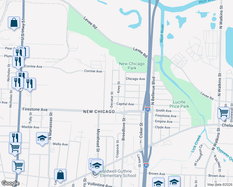 map of restaurants, bars, coffee shops, grocery stores, and more near 1339 Kney Street in Memphis