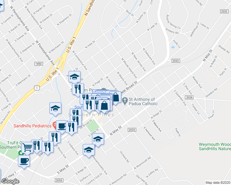 map of restaurants, bars, coffee shops, grocery stores, and more near 120 West Vermont Avenue in Southern Pines