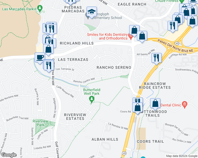 map of restaurants, bars, coffee shops, grocery stores, and more near 4122 Rancho Centro Northwest in Albuquerque