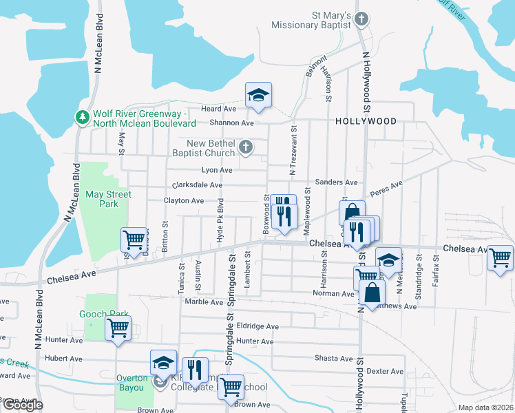 map of restaurants, bars, coffee shops, grocery stores, and more near 2251 Clayton Avenue in Memphis