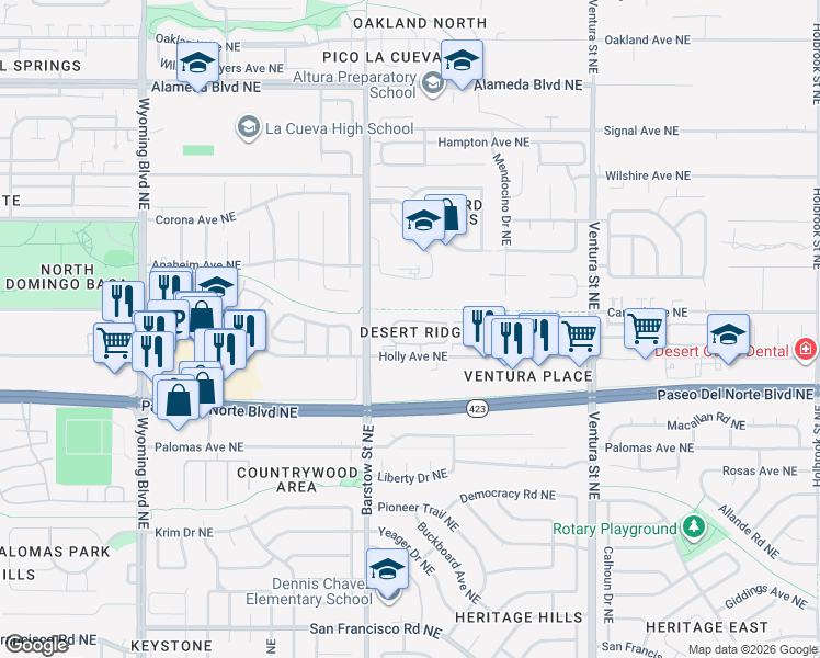 map of restaurants, bars, coffee shops, grocery stores, and more near 8100 Barstow Street Northeast in Albuquerque