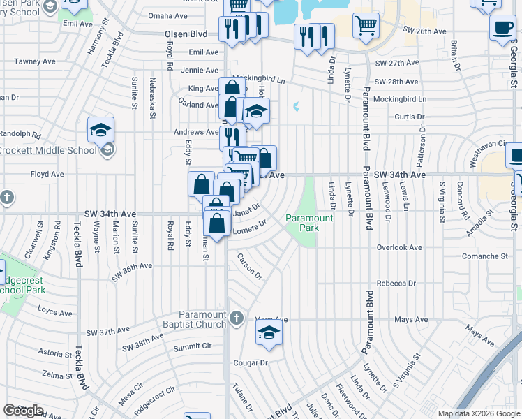 map of restaurants, bars, coffee shops, grocery stores, and more near 3500 Lometa Drive in Amarillo