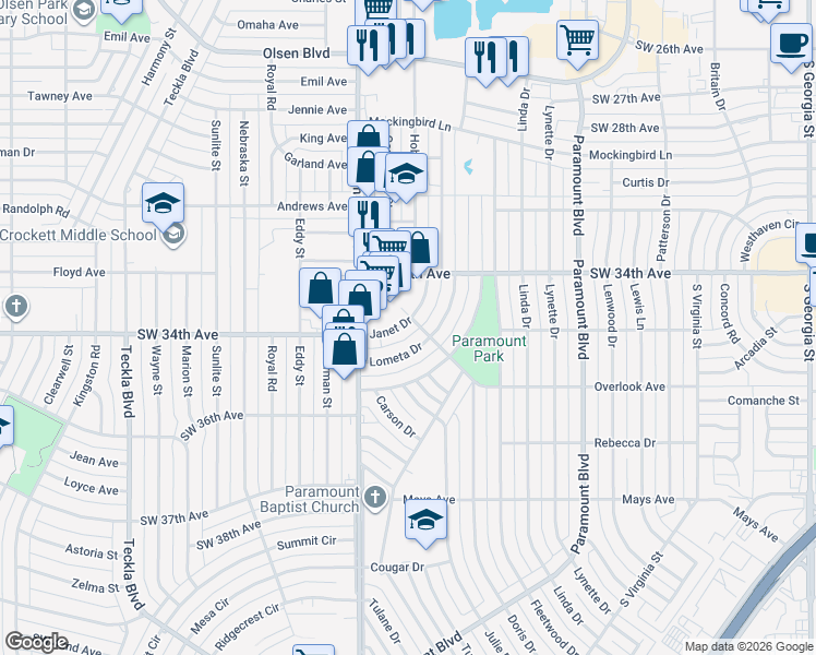 map of restaurants, bars, coffee shops, grocery stores, and more near 3500 Lometa Drive in Amarillo
