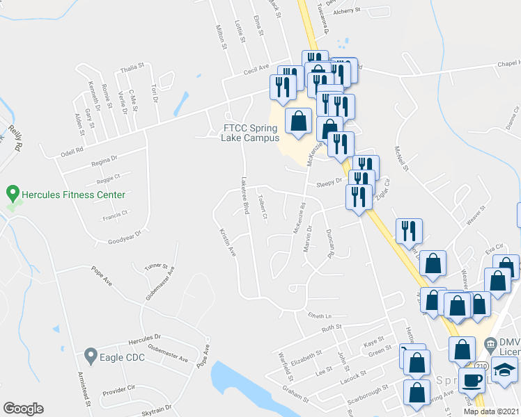 map of restaurants, bars, coffee shops, grocery stores, and more near 415 Tolbert Court in Spring Lake