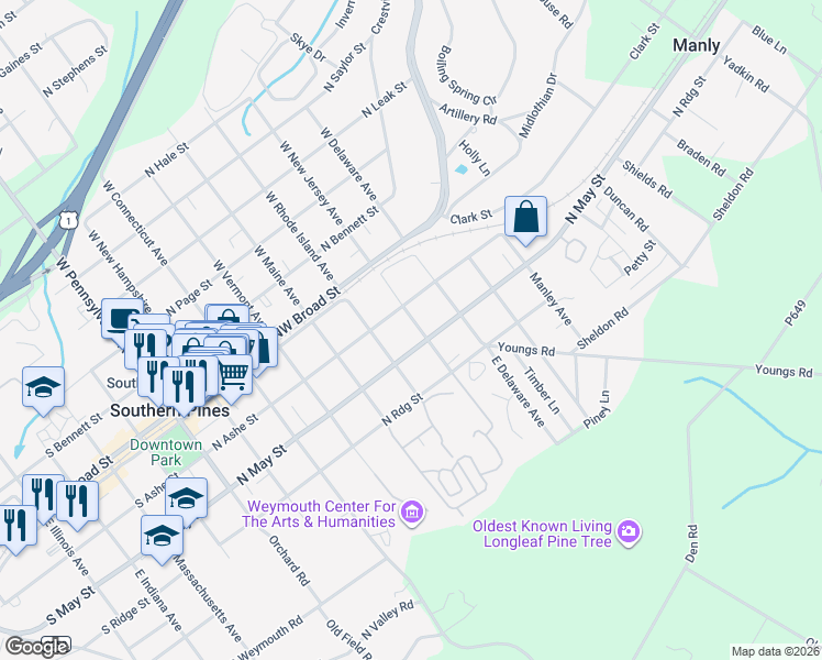 map of restaurants, bars, coffee shops, grocery stores, and more near 270 East New Jersey Avenue in Southern Pines