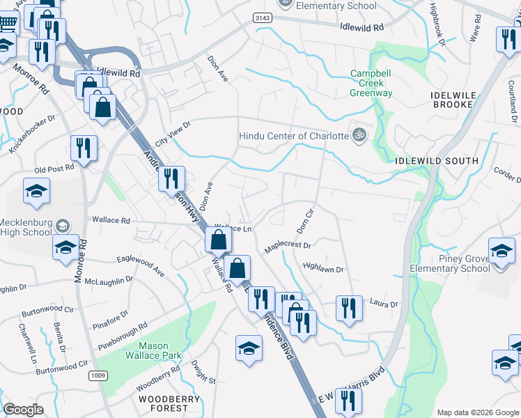 map of restaurants, bars, coffee shops, grocery stores, and more near 7305 Wallace Lane in Charlotte