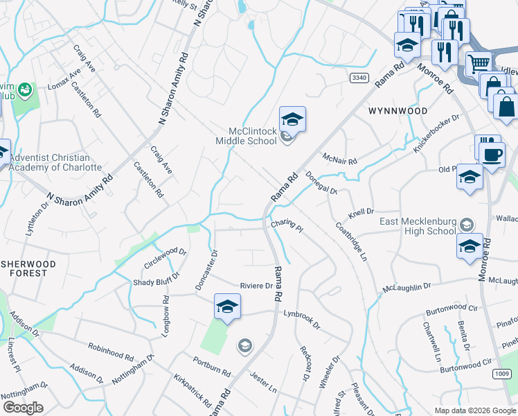 map of restaurants, bars, coffee shops, grocery stores, and more near in Charlotte