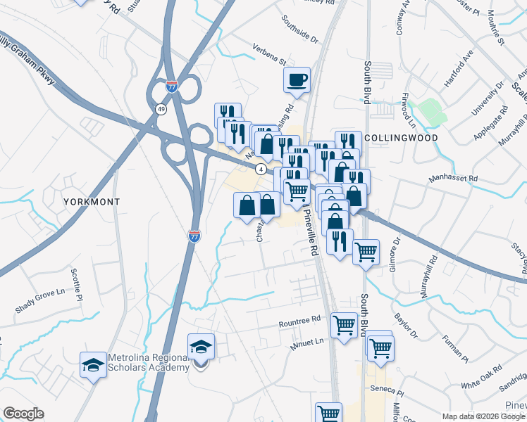 map of restaurants, bars, coffee shops, grocery stores, and more near 4801 Chastain Avenue in Charlotte
