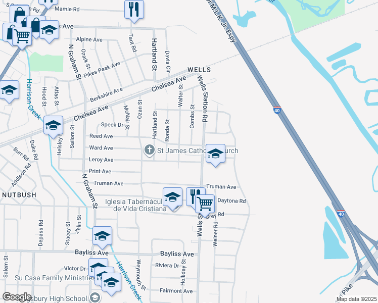 map of restaurants, bars, coffee shops, grocery stores, and more near 1645 Wells Station Road in Memphis