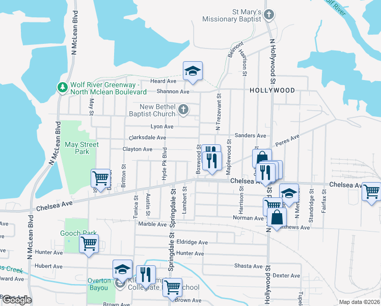 map of restaurants, bars, coffee shops, grocery stores, and more near 2251 Clayton Avenue in Memphis