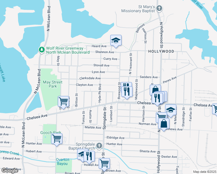 map of restaurants, bars, coffee shops, grocery stores, and more near 2203 Clayton Avenue in Memphis