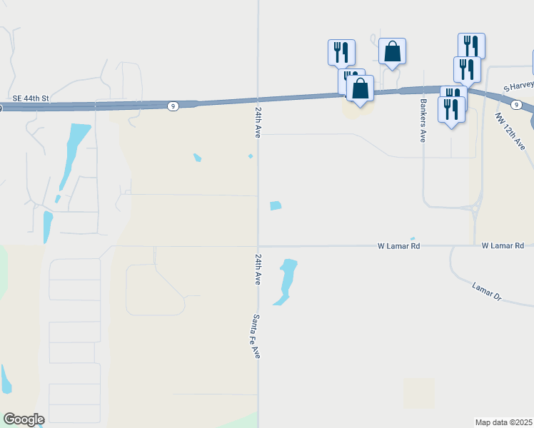 map of restaurants, bars, coffee shops, grocery stores, and more near 2385 West Lamar Road in Norman