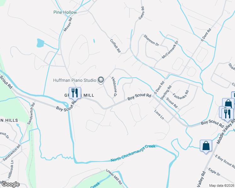 map of restaurants, bars, coffee shops, grocery stores, and more near 1104 Fieldstone Drive in Middle Valley