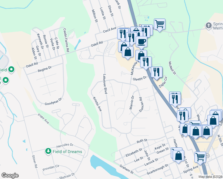 map of restaurants, bars, coffee shops, grocery stores, and more near 415 Tolbert Court in Spring Lake