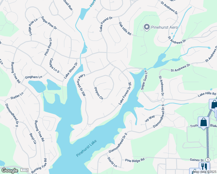 map of restaurants, bars, coffee shops, grocery stores, and more near 1 White Birch Lane in Pinehurst