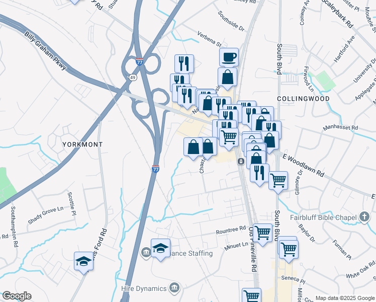 map of restaurants, bars, coffee shops, grocery stores, and more near 210 East Woodlawn Road in Charlotte