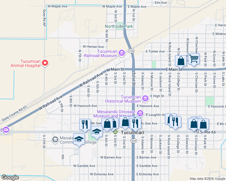 map of restaurants, bars, coffee shops, grocery stores, and more near 301 South 3rd Street in Tucumcari